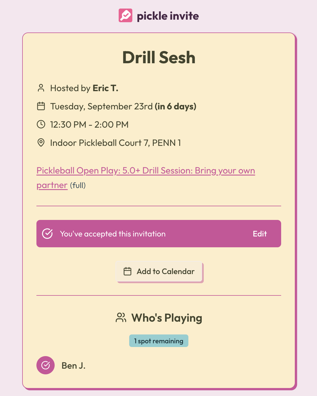 Pickle Invite event drill session screenshot
